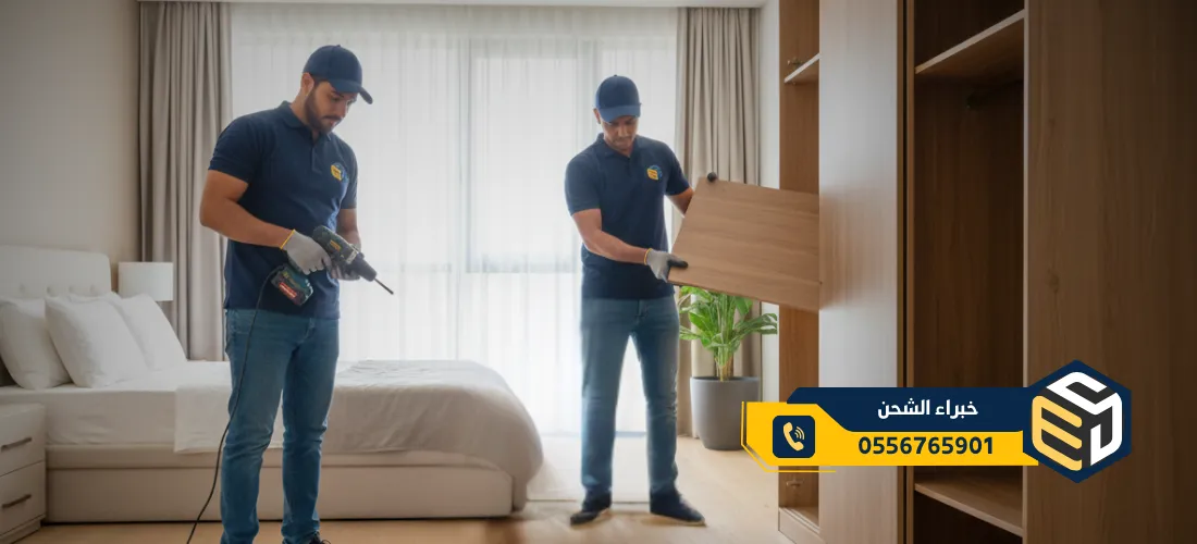 عمال نقل عفش في الرياض يقومون بفك الدواليب والأسرة باستخدام أدوات احترافية للحفاظ على سلامة الأثاث.