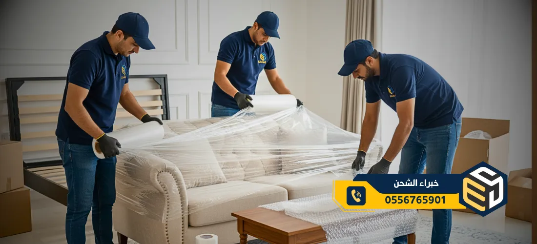 تغليف العفش بالبلاستيك والنايلون والفقاعات الهوائية لحماية الأثاث من الخدوش أثناء النقل في الرياض.